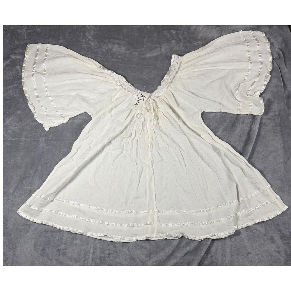Kirat White Gauze Lace V-Neck Butterfly Sleeve Peasant Boho Blouse Free Size NWT
